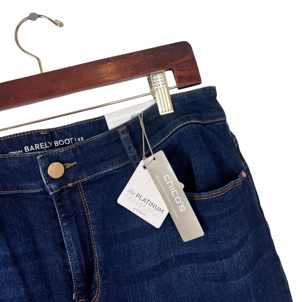 Chico’s The Platinum Barely Boot Jeans Dark Wash Mid Rise Stretch Size 12 Short - Picture 2 of 6